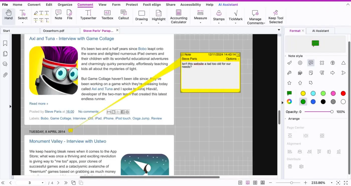 Giao diện Foxit PDF Editor: ghi chú và bình luận trực tiếp trên tài liệu PDF với tab Comment