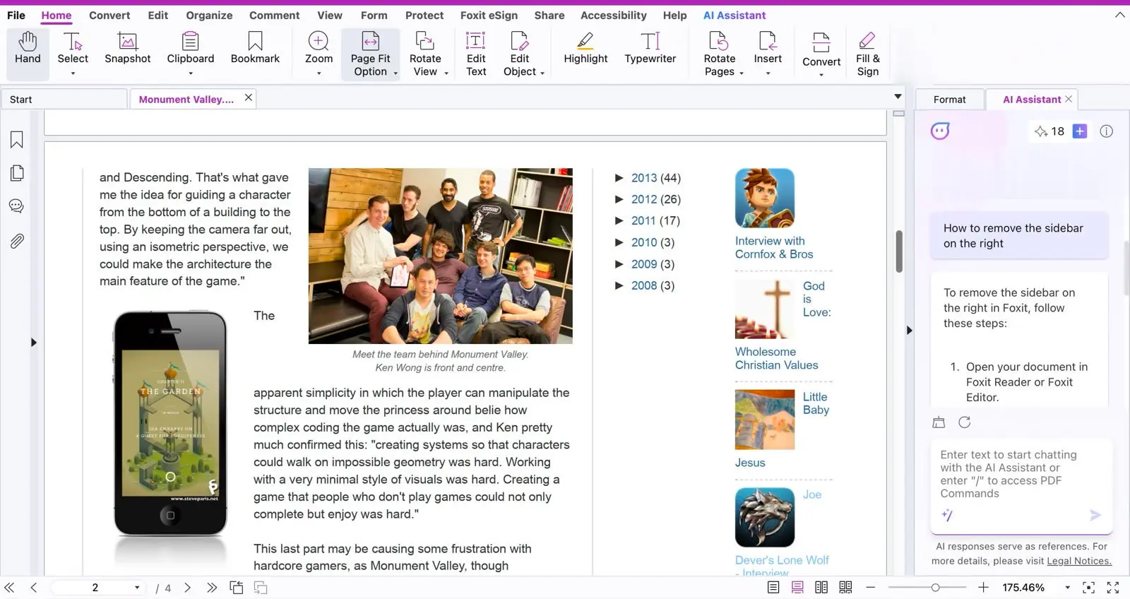Giao diện thực tế của Foxit PDF Editor: tài liệu PDF đang mở với thanh ribbon và bảng AI Assistant