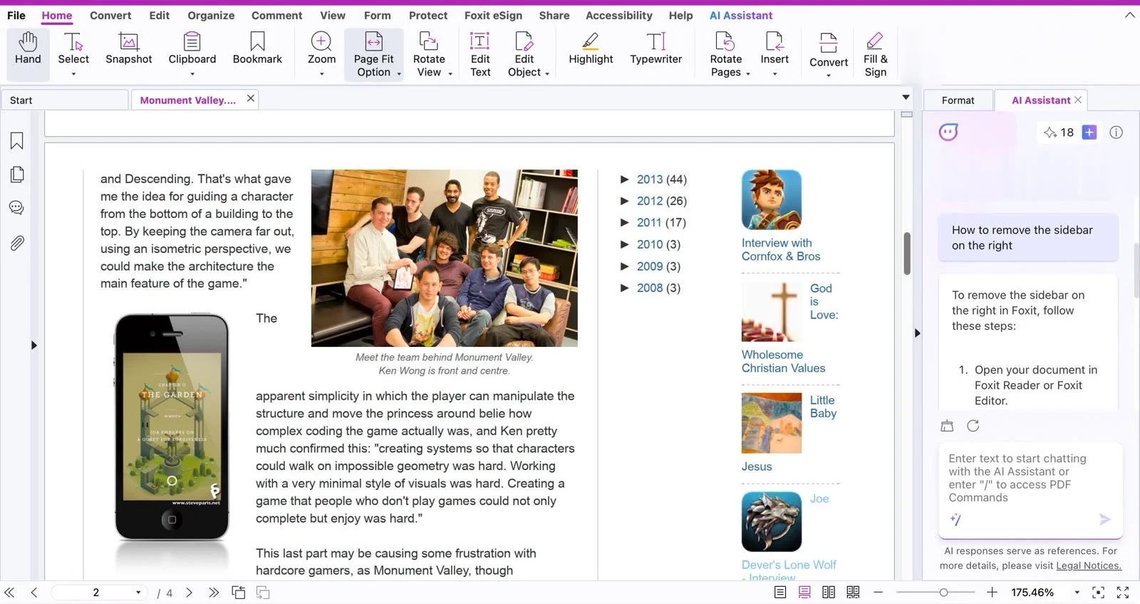 Giao diện thực tế của Foxit PDF Editor: tài liệu PDF đang mở với thanh ribbon và bảng AI Assistant